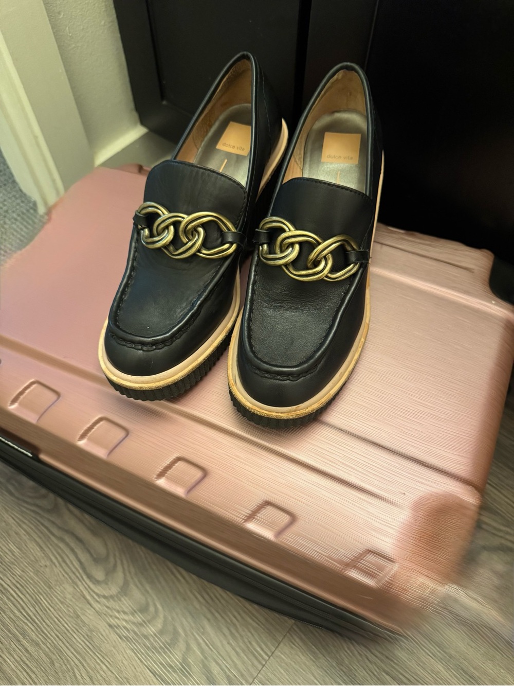 Dolce Vita Black Leather Chain-Trim Loafers